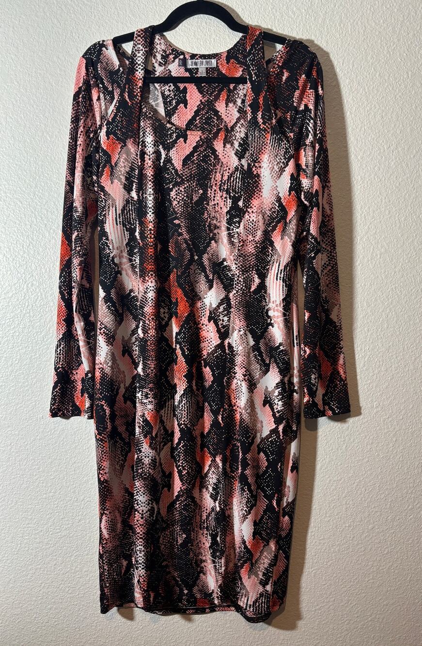 Jennifer Lopez Size L Black Orange Snakeskin Print Peek-a-boo Shoulder Dress